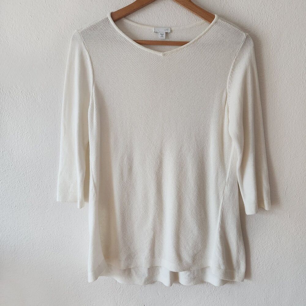 J Jill Sweater Waffle Knit 3/4 Sleeve Cream Women's Cotton Blend XSP V Neck